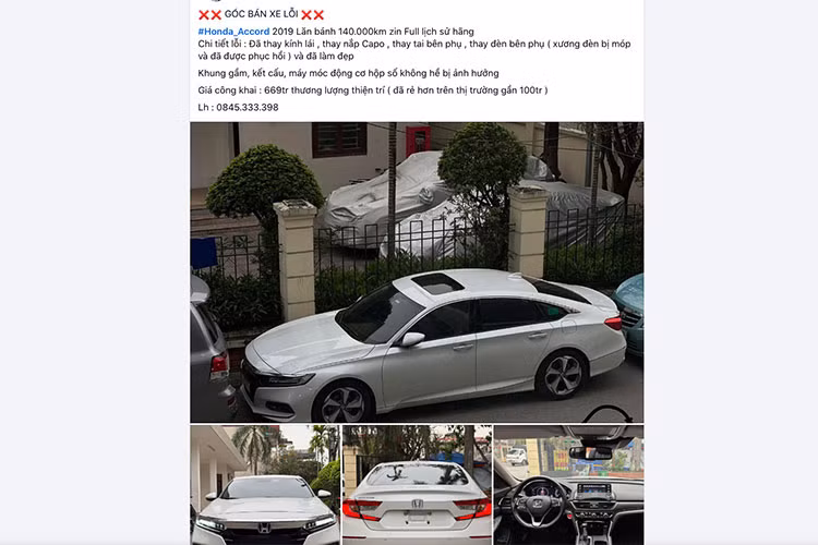 Theo thông tin từ người bán, chiếc Honda Accord 2019 bán rẻ này từng bị tai nạn dẫn đến việc phải thay mới kính lái, nắp ca-pô, vòm bánh xe bên phụ và đèn pha bên phụ. Đáng chú ý, phần xương đèn bị móp đã được phục hồi. Dù vậy, chủ xe khẳng định xe đã được làm đẹp trước khi rao bán.
