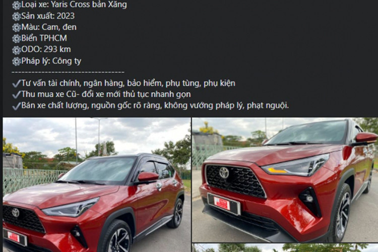 Hiện giá xe Toyota Yaris Cross 2023 bản xăng, màu cam - đen trước thời điểm điều chỉnh giảm vào tháng 1/2024 được niêm yết chính hãng ở mức 742 triệu đồng. Để đủ điều kiện lăn bánh tại khu vực TP HCM, người dùng cần phải chi tổng số tiền khoảng 838,5 triệu đồng. Không tính ưu đãi tại thời điểm mua xe (nếu có), chủ nhân chiếc xe đã lỗ khoảng 133 triệu đồng chỉ sau chưa tới 300 km trải nghiệm. 