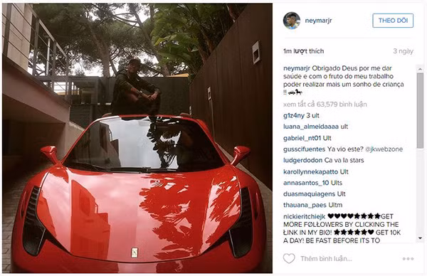 Sao bong da Neymar Jr. “tau” sieu xe Ferrari 458 Spider