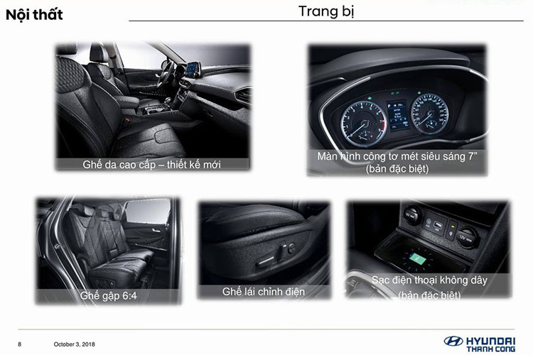 Về an toàn, SantaFe 2019 tại Việt Nam được trang bị đầy đủ hơn trước với camera lùi, cảm biến lùi, 6 túi khí, hệ thống chống bó cứng phanh, cân bằng điện tử, hỗ trợ khởi hành ngang dốc và hỗ trợ đổ đèo tiêu chuẩn.