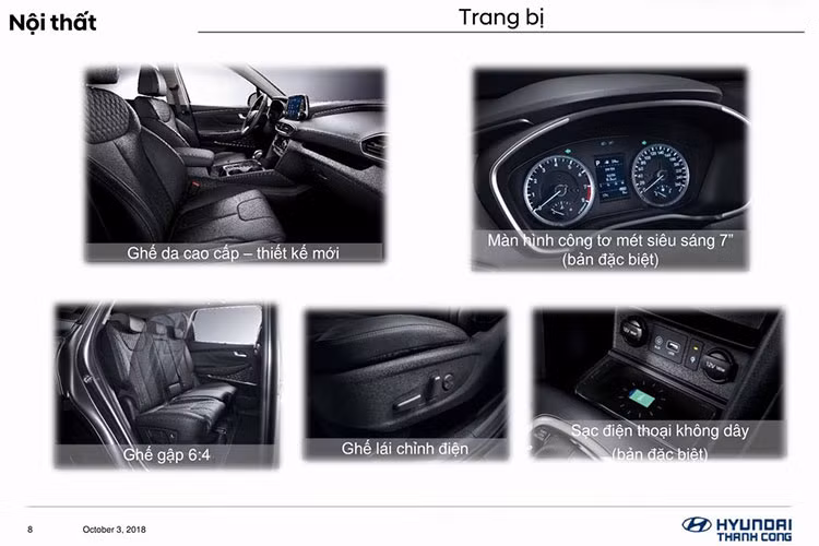Về an toàn, SantaFe 2019 tại Việt Nam được trang bị đầy đủ hơn trước với camera lùi, cảm biến lùi, 6 túi khí, hệ thống chống bó cứng phanh, cân bằng điện tử, hỗ trợ khởi hành ngang dốc và hỗ trợ đổ đèo tiêu chuẩn.