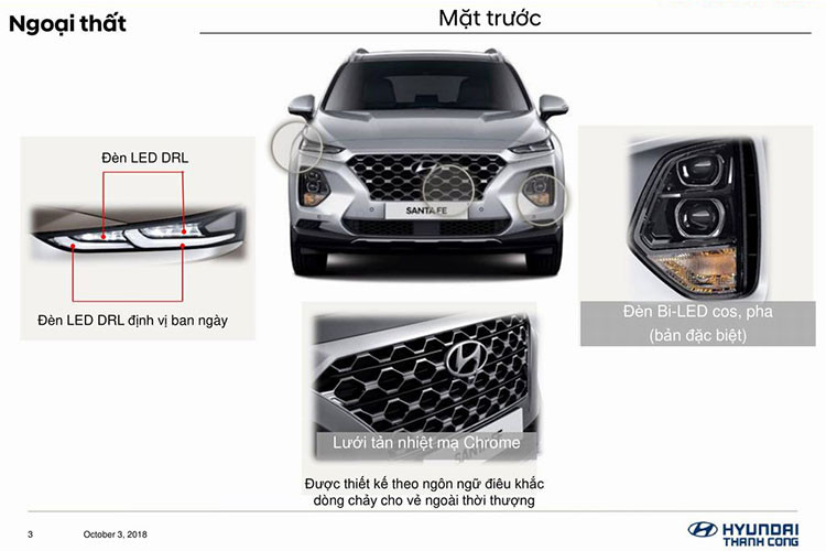 Trong đó, Hyundai SantaFe 2019 bản 2.4 Xăng và 2.4 Xăng đặc biệt đều dùng động cơ Theta II 2.4 GDI với 4 xi-lanh, dung tích 2.359 cc, sản sinh công suất tối đa 188 mã lực tại tua máy 6.000 vòng/phút và mô-men xoắn cực đại 241 Nm tại tua máy 4.000 vòng/phút. Động cơ này kết hợp với hộp số tự động 6 cấp và hệ dẫn động cầu trước đối với bản 2.4 Xăng và hệ dẫn động 4 bánh HTRAC với bản 2.4 Xăng đặc biệt.