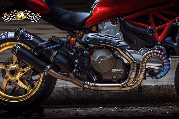 Ngoài việc gắp sau được làm lại thành 1 gắp đi kèm cặp vành OZ Racing nổi bật, Monster821 còn được lên pô Termignoni hàng hiệu. 