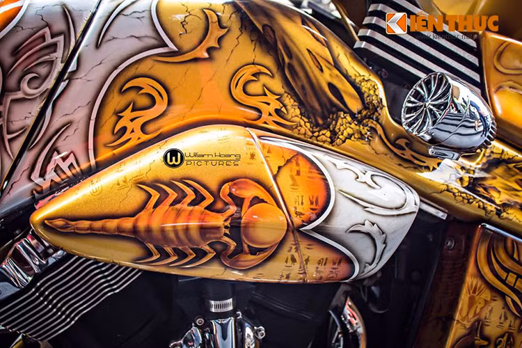 Hai bên ốp hút gió được vẽ hình những con bọ cạp đúng phong cách Pharaon tăng thêm vẻ dữ dằn cho xe. Bên cạnh đó, chủ xe còn độ thêm bộ loa "hàng hiệu" đặt hai bên hông cho âm thanh cực chất.