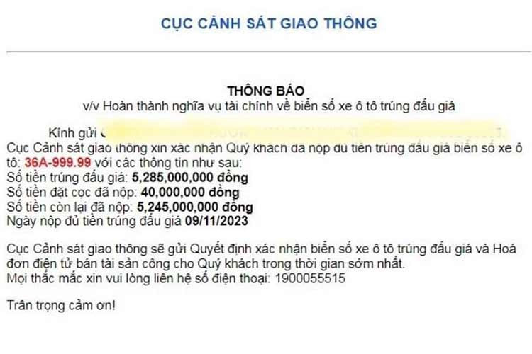 Được biết, chủ nhân của chiếc biển số VIP này là một nữ đại gia Thanh Hoá tên Huyền, người này đã nộp đủ tiền sau 2 tuần trúng đấu giá. Trước đó, chiếc biển số 36A-999.99 này đã từng trúng đấu giá đến 7,47 tỷ đồng, tuy nhiên người thắng đã bỏ cọc. 