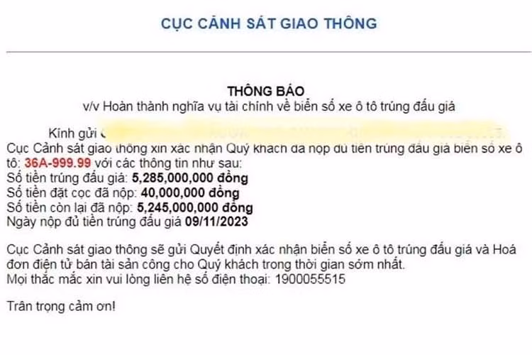 Được biết, chủ nhân của chiếc biển số VIP này là một nữ đại gia Thanh Hoá tên Huyền, người này đã nộp đủ tiền sau 2 tuần trúng đấu giá. Trước đó, chiếc biển số 36A-999.99 này đã từng trúng đấu giá đến 7,47 tỷ đồng, tuy nhiên người thắng đã bỏ cọc. 