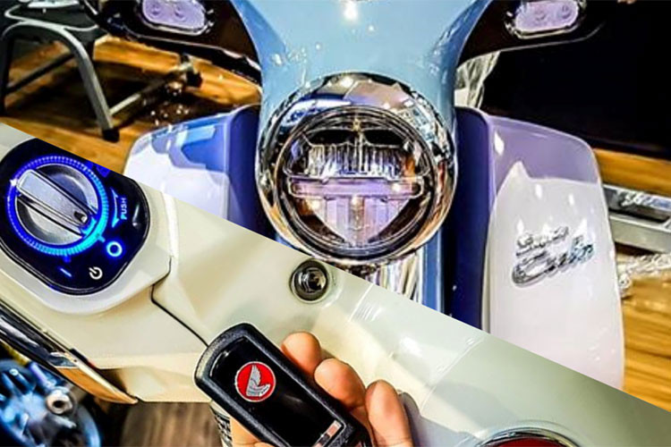 Phía sau yếm xe đã không còn các lỗ ốc bắt vít như Super Cub nguyên bản, chỉ thay đổi bằng một ốp mạ bạc crom sáng bóng và ổ khóa thông minh Smartkey (chống trộm, giống như mẫu xe tay ga cao cấp cùng hãng là Honda SH) với vòng LED sáng bao xung quanh đầy hiện đại.