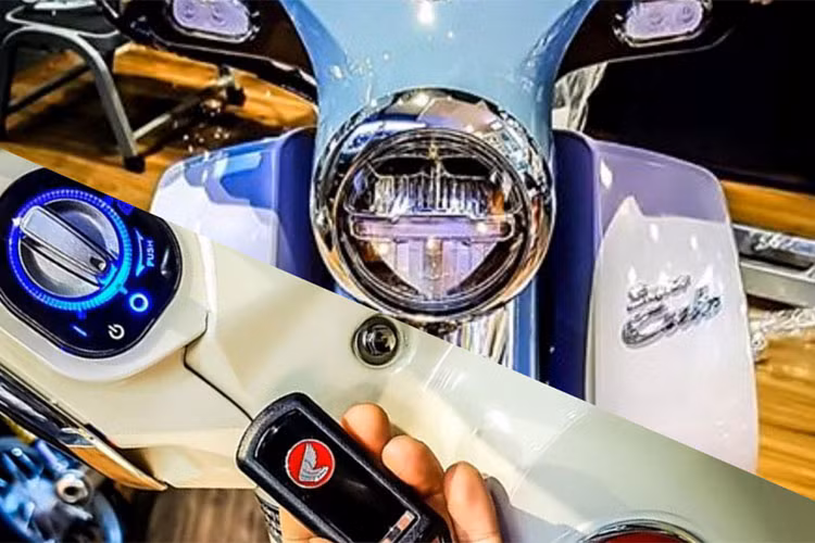 Phía sau yếm xe đã không còn các lỗ ốc bắt vít như Super Cub nguyên bản, chỉ thay đổi bằng một ốp mạ bạc crom sáng bóng và ổ khóa thông minh Smartkey (chống trộm, giống như mẫu xe tay ga cao cấp cùng hãng là Honda SH) với vòng LED sáng bao xung quanh đầy hiện đại.