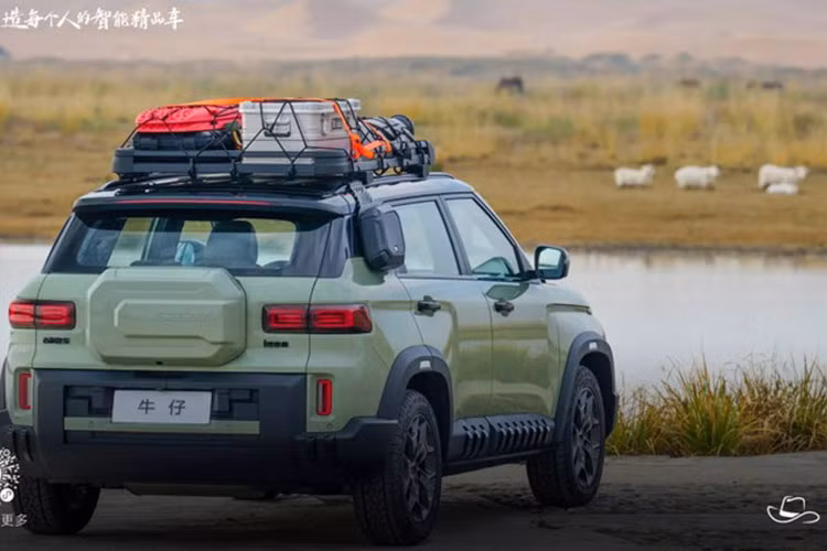 Từ phía bên hông, có thể thấy mẫu SUV của Geely có hộp đựng công cụ đa năng. Cả hai bên thân xe đều được trang bị viền chống trầy xước. Geely Cowboy có bốn màu sơn ngoại thất, bao gồm: Trắng tuyết, Xanh rừng, Xám núi lửa và Nâu sa mạc.