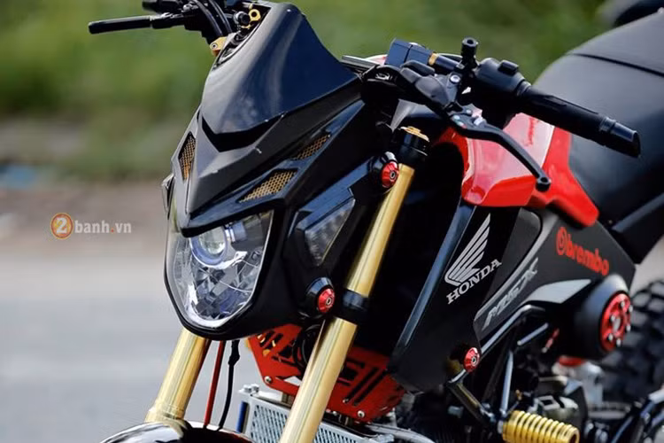 Dàn đầu thể hiện sự mạnh mẽ của xe nay càng ngầu hơn sau khi gắn thêm bộ kính chắn gió độ. Cụm tay phanh chiếc xế được thay bằng tay kiểu Brembo. Ben cạnh đó, dàn áo của xe được phối cùng tone màu đỏ - đen khiến cho chiếc xe cứng cáp và mạnh mẽ.