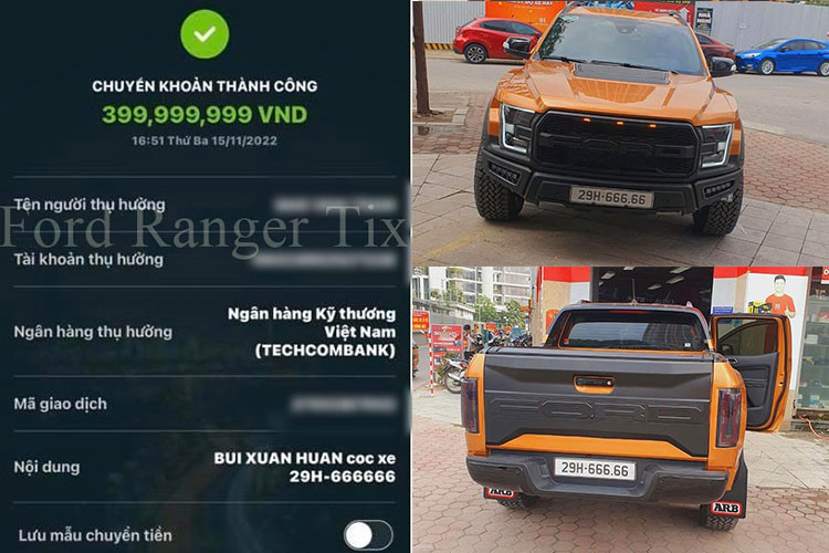 Đến 17 giờ 02, tức chỉ sau hơn 3 tiếng đăng bài, tay chơi xe biển đẹp này xác nhận đã tìm thấy người bán và cọc mua chiếc Ford Ranger biển 29H-666.66 với số tiền 399.999.999 đồng, ảnh do Huấn "hoa hồng" chia sẻ cho thấy giao dịch chuyển tiền vào lúc 16 giờ 51 phút cùng ngày.
