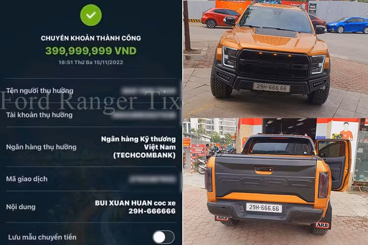 Đến 17 giờ 02, tức chỉ sau hơn 3 tiếng đăng bài, tay chơi xe biển đẹp này xác nhận đã tìm thấy người bán và cọc mua chiếc Ford Ranger biển 29H-666.66 với số tiền 399.999.999 đồng, ảnh do Huấn "hoa hồng" chia sẻ cho thấy giao dịch chuyển tiền vào lúc 16 giờ 51 phút cùng ngày.