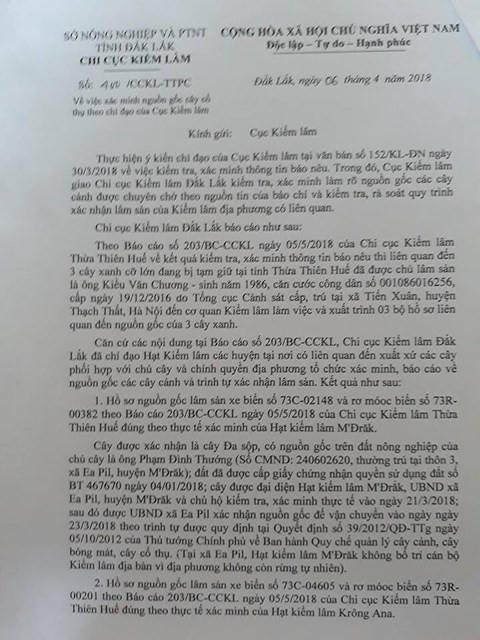 Báo cáo của Chi cục kiểm lâm tỉnh Đắk Lắk.