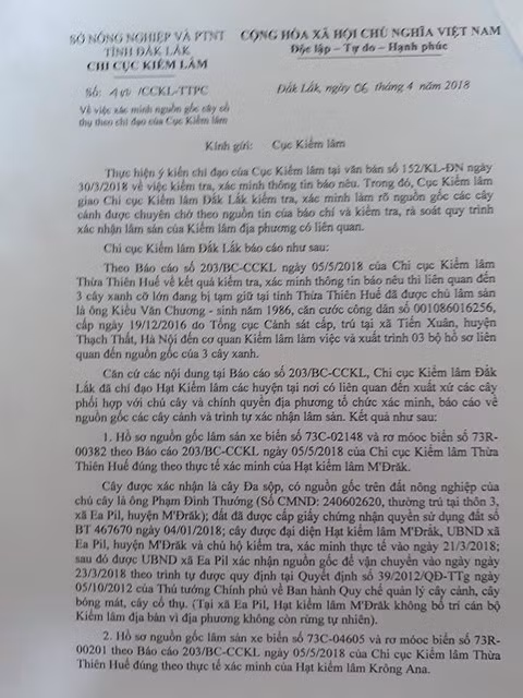 Báo cáo của Chi cục kiểm lâm tỉnh Đắk Lắk.