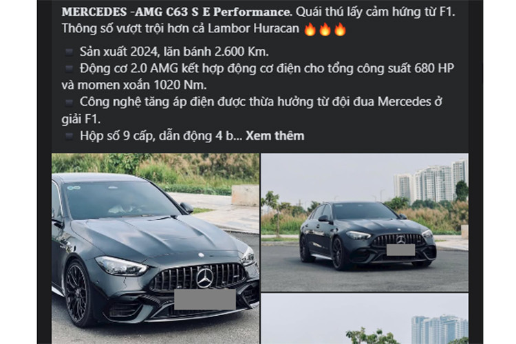 Mức giá xe Mercedes-AMG C63 S E Performance 2024 niêm yết hiện là 4,9 tỷ đồng, nếu đăng ký biển số tại Hà Nội, chi phí lăn bánh có thể lên tới 5,5 tỷ đồng. Người bán cho biết, chủ nhân tương lai của mẫu sedan hiệu suất cao này có thể tiết kiệm khoảng 1 tỷ đồng so với mua xe mới. 