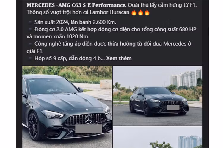 Mức giá xe Mercedes-AMG C63 S E Performance 2024 niêm yết hiện là 4,9 tỷ đồng, nếu đăng ký biển số tại Hà Nội, chi phí lăn bánh có thể lên tới 5,5 tỷ đồng. Người bán cho biết, chủ nhân tương lai của mẫu sedan hiệu suất cao này có thể tiết kiệm khoảng 1 tỷ đồng so với mua xe mới. 