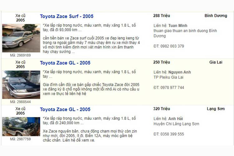 Không xét đến những chiếc Toyota Zace đồng nát đã qua sử dụng cho dịch vụ và taxi, những chiếc Zace chính chủ sử dụng, đứng tên giấy đăng ký và chưa qua mua bán lần nào là những chiếc xe được nhiều người săn lùng và sẵn sàng trả giá cao hơn giá trị thực tế để sở hữu, dù biết nó sẽ đắt hơn cả Innova đời cao hơn. Điều này còn đặc biệt đúng với phiên bản Surf của Toyota Zace ra mắt năm 2005.