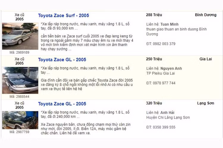 Không xét đến những chiếc Toyota Zace đồng nát đã qua sử dụng cho dịch vụ và taxi, những chiếc Zace chính chủ sử dụng, đứng tên giấy đăng ký và chưa qua mua bán lần nào là những chiếc xe được nhiều người săn lùng và sẵn sàng trả giá cao hơn giá trị thực tế để sở hữu, dù biết nó sẽ đắt hơn cả Innova đời cao hơn. Điều này còn đặc biệt đúng với phiên bản Surf của Toyota Zace ra mắt năm 2005.