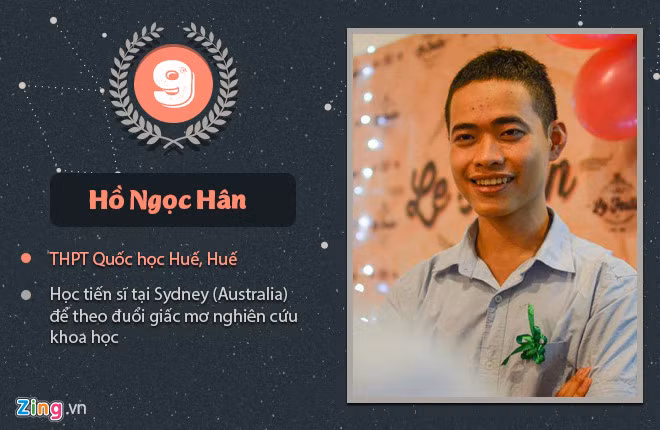 Hồ Ngọc Hân - quán quân năm thứ chín - là thủ khoa khối B, ĐH Khoa học Tự nhiên (ĐH Quốc gia TP.HCM). Ngọc Hân đang học tiến sĩ tại Sydney, theo đuổi giấc mơ nghiên cứu khoa học.