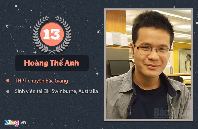 Quán quân năm thứ 13 là Hoàng Thế Anh (THPT chuyên Bắc Giang) là sinh viên ĐH Kỹ thuật Swinburne từ năm 2014. Khi mới du học, Thế Anh sống cùng gia đình Lê Vũ Hoàng - người vô địch năm thứ sáu - cùng các anh chị trong gia đình Olympia khác.