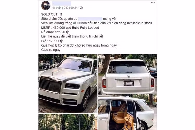 Thông tin từ một người chuyên nhập khẩu xe sang và siêu xe tại Hà Nội cho hay, chiếc SUV siêu sang Rolls-Royce Cullinan đầu tiên về Việt Nam được rao bán lại với mức giá hơn 17 tỷ đồng. Thú vị là đơn vị nhập khẩu này cho biết mức giá trên rẻ hơn 20 tỷ đồng nếu đặt mua xe và còn phải tốn thời gian chờ đợi.
