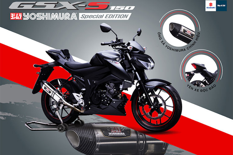 Mẫu xe Suzuki GSX-S150 Yoshiura mới sở hữu tiêu chuẩn màu sơn đen mờ mạnh mẽ, kết hợp bộ phụ kiện đi kèm gồm 01 ống xả Yoshimura full system (có 2 tem yoshimura dán xe), 01 yên sau sô lô thể thao có giá bán lẻ đề xuất tại thị trường Việt Nam là 79,9 triệu đồng. 
