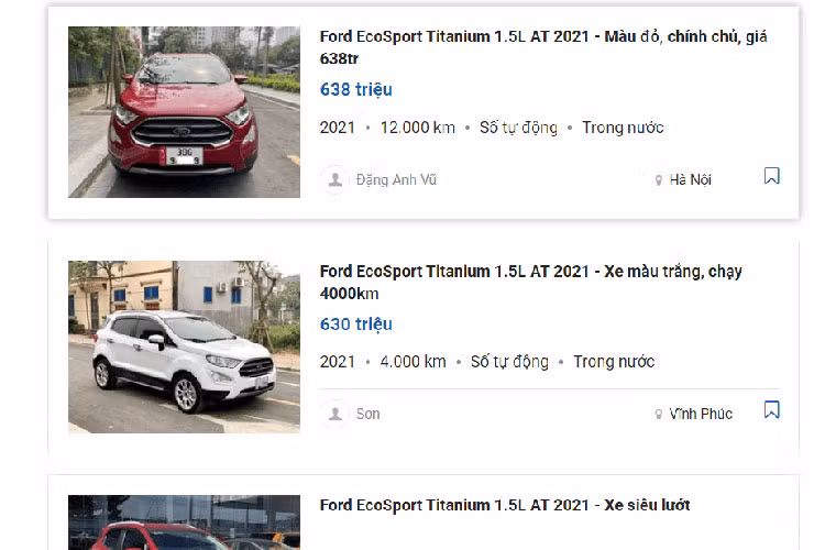 Theo nhiều chuyên gia đánh giá - chính sự “lười” thay đổi về thiết kế đã khiến EcoSport trở nên tụt hậu so với các “tân binh” trên thị trường. Giá bán Ford EcoSport cũ hiện nằm trong khoảng từ 348 – 638 triệu đồng, tùy phiên bản, năm sản xuất và số ODO cụ thể. Khoảng giá này khá hấp dẫn so với mức niêm yết từ 603 – 686 triệu đồng của xe mới.