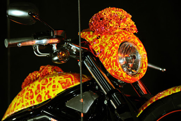 Trên thực tế, Harley-Davidson Cosmic Starship độc bản này là một chiếc xe môtô cơ bắp V-Rod đời 2002, nhưng mang trên mình lớp sơn theo phong cách Cosmic Extensionalism của Jack Armstrong.