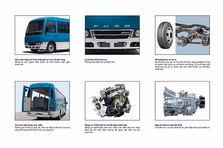 Xe buýt Fuso Rosa sẽ có tổng cộng 8 màu tiêu chuẩn: Trắng Rising, Xanh Deep-sea, Đỏ Cherish, Bạc Crystal, Nâu Expresso, Xanh Morist; đặc biệt kết hợp 2 tông màu như Trắng Rising kết hợp màu kem cinnamon, Xanh Morist kết hợp màu kem cinnamon.