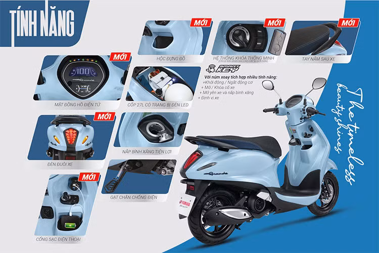 Ngoài ra, trên mẫu xe tay ga mới này cũng được hãng xe máy Yamaha bổ sung thêm cổng sạc và hộc chứa đồ khá tiện dụng, dưới yên là hộc chứa đồ khá rộng, có thể đựng được một mũ bảo hiểm, túi xách cỡ vừa và nhiều vật dụng liên quan...