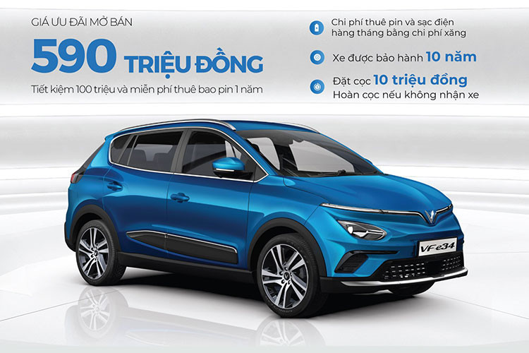 Cùng với Fadil, VinFast cũng đang ưu đãi, hỗ trợ lệ phí trước bạ cho khách đặt mua ôtô điện VinFast VF e34. Đây là dòng ôtô điện đầu tay của VinFast kể từ khi hãng xe Việt đi vào hoạt động. Cụ thể, những khách hàng mua xe điện VinFast VF e34 từ nay đến hết ngày 15/7, sẽ được tặng 100% lệ phí trước bạ nếu đặt cọc 50 triệu đồng và không hoàn/hủy/đổi sang mẫu xe khác. 