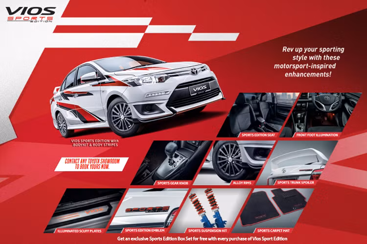 Các trang bị mới của xe chủ yếu vẫn là các thiết bị nâng cấp. Đáng chú ý là bộ tem đấu phong cách Gazoo Racing (TGR) Vios Challenge được trang trí bên ngoài, các trang bị đi kèm cũng được sản xuất riêng ấn tượng hơn.