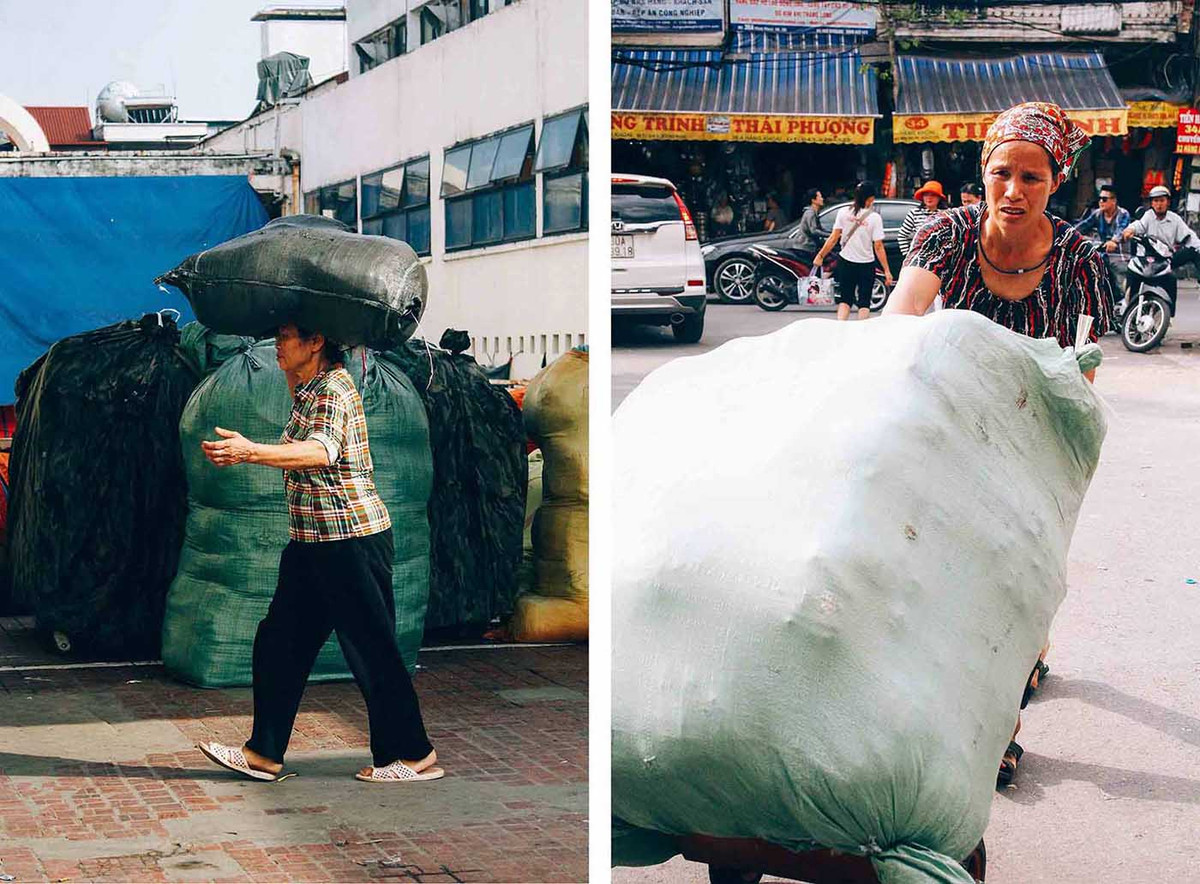 Nhiều người phụ nữ dù đã lớn tuổi nhưng vẫn cần mẫn với từng chuyến hàng để có được thu nhập. Bà Thu (Thái Bình) chia sẻ: “Dù vất vả nhưng tôi làm lâu rồi nên cũng quen việc. Lúc nào đau ốm thì tôi nghỉ, sau một thời gian quay lại công việc, lại đau nhức cả người, không quen nữa”.