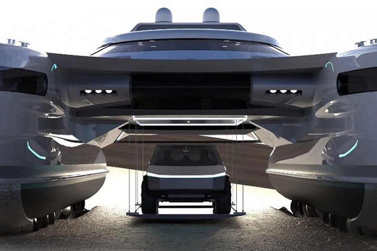 Tuy nhiên, điểm khiến nó trở nên thật sự đặc biệt là hệ thống xi-lanh xoắn dài 6,4 mét được thả xuống từ bên dưới hai thân thuyền để giúp nó di chuyển trên bờ biển. Với mỗi xi-lanh hoạt động bằng một động cơ dầu 440 mã lực, bạn sẽ không thể di chuyển được xa, nhưng quan trọng là vào bờ đủ sâu để thuận lợi hạ một chiếc xe ôtô (hình ảnh minh họa ở đây là Tesla Cybertruck) từ không gian giữa hai thân thuyền.