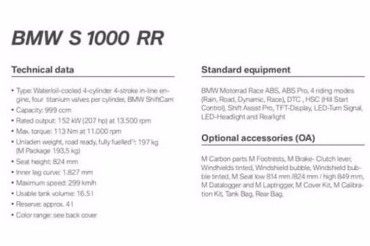 Sức mạnh của siêu môtô nhà BMW đến từ khối động cơ 4 xylanh, dung tích 999cc, làm mát bằng dung dịch, dàn xu-páp bằng titan, sản sinh công suất 207 mã lực tại tua máy 13.500 vòng/phút và mômen xoắn cực đại 113 Nm tại tua máy 11.000 vòng/phút.