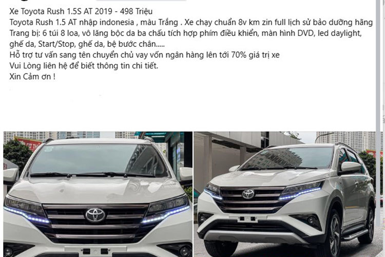 Chiếc Toyota Rush đời 2019 đang được rao bán có ngoại thất màu trắng và nội thất màu cam, đã chạy được 80.000 km. Khi mới ra mắt, mẫu xe này có giá niêm yết 668 triệu đồng. Sau khi cộng thêm các chi phí lăn bánh, tổng số tiền để sở hữu xe khi đó gần chạm mốc 800 triệu đồng.