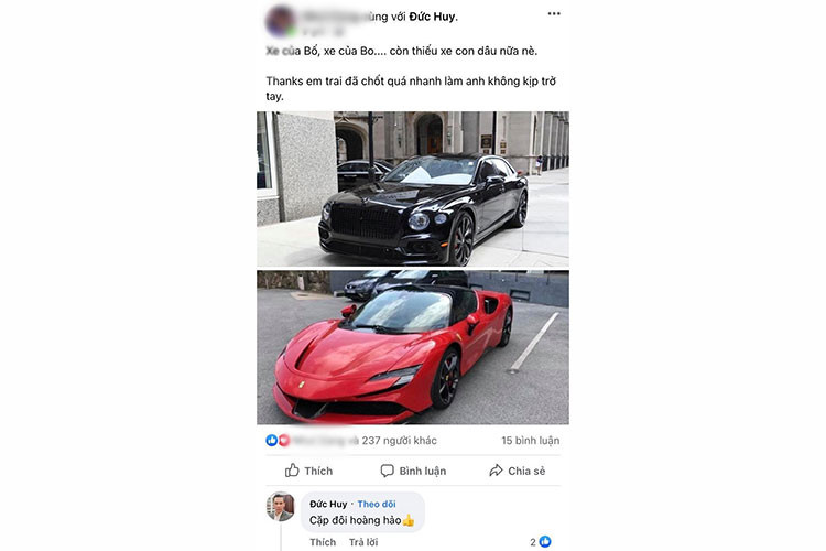 "Chưa thấy ai mua xe nhanh-gọn-lẹ và chất như anh", đó là chia sẻ của người bán chiếc siêu xe Ferrari SF90 Stradale cho doanh nhân Đức Huy, chồng cũ của nữ ca sĩ Lệ Quyên. Trước đó, doanh nhân này đã tậu xe siêu sang Bentley Flying Spur đắt tiền.