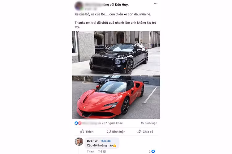 "Chưa thấy ai mua xe nhanh-gọn-lẹ và chất như anh", đó là chia sẻ của người bán chiếc siêu xe Ferrari SF90 Stradale cho doanh nhân Đức Huy, chồng cũ của nữ ca sĩ Lệ Quyên. Trước đó, doanh nhân này đã tậu xe siêu sang Bentley Flying Spur đắt tiền.