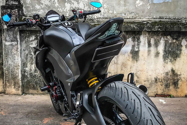 Pad biển số đa năng có thể dễ dàng gập lại hay bật ra, gắp sau được ốp thêm phần giả gắp khá ấn tượng, tăng lên độ ngầu cho xe khi mà gắp sau nguyên bản của Hornet 250 khá thô. Pô SC Project Carbon cho âm thanh cực kỳ uy lực và trầm ấm trên động cơ 4 máy của Honda Hornet 250.