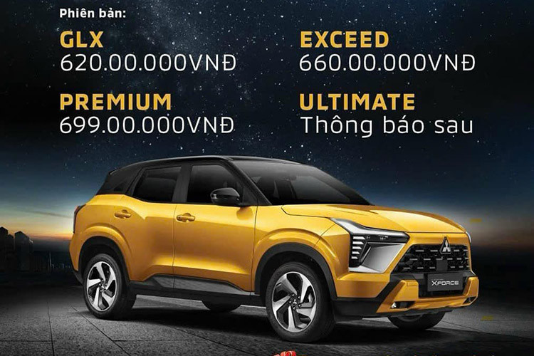 Giá xe Mitsubishi Xforce 2024 từ 620 triệu cho bản GLX, 660 triệu cho bản GLX Exceed và 699 triệu đồng cho bản Xforce GLX Premium, phiên bản đắt nhất chưa được công bố. Mức giá khởi điểm của Xforce hiện thấp hơn các đối thủ khác như Hyundai Creta (640-740 triệu đồng), Toyota Yaris Cross (730-838 triệu đồng), Honda HR-V (699-871 triệu đồng), Nissan Kicks (789-858 triệu đồng).