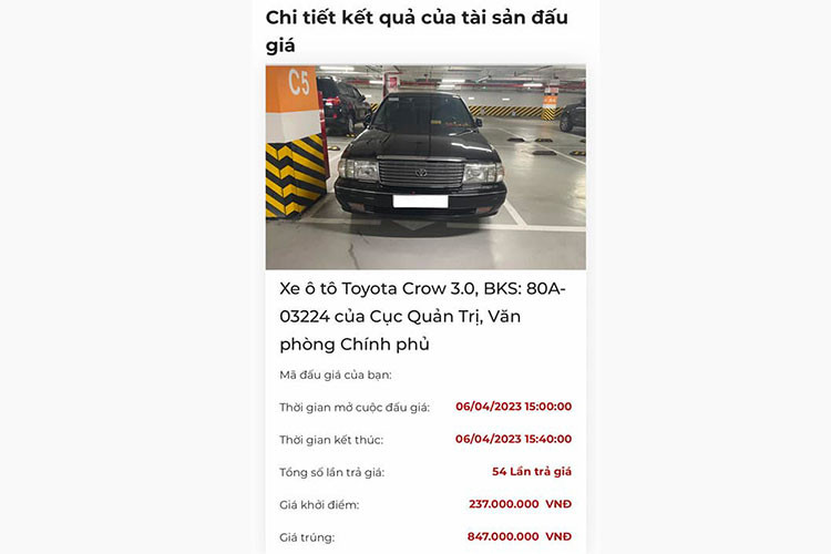 Điển hình như chiếc Toyota Crown 3.0 đời 1999 biển số 80A-03224 có giá khởi điểm 237 triệu đồng, sau khi trải qua 54 lần trả giá đã trúng giá 847 triệu đồng.