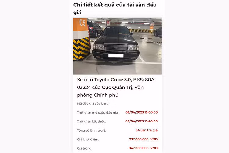 Điển hình như chiếc Toyota Crown 3.0 đời 1999 biển số 80A-03224 có giá khởi điểm 237 triệu đồng, sau khi trải qua 54 lần trả giá đã trúng giá 847 triệu đồng.