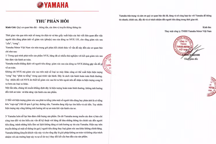 Theo nội dung lá thư này, Yamaha Motor Việt Nam khẳng định giảm xóc sau của chiếc NVX không gặp vấn đề gì về an toàn và không chỉ có mẫu NVX mà giảm xóc sau trên một số loại xe máy khác cũng có thể xuất hiện hiện tượng "cong" hay "phát ra tiếng động" trong quá trình vận hành.