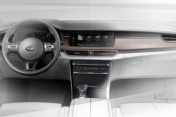 Bên trong nội thất của Kia K7 2020 mới xuất hiện những chi tiết được cải tiến ở mặt táp-lô và cụm điều khiển trung tâm. Trên mặt táp-lô xuất hiện màn hình thông tin giải trí cỡ lớn hơn, bên dưới là cửa gió điều hòa mới.