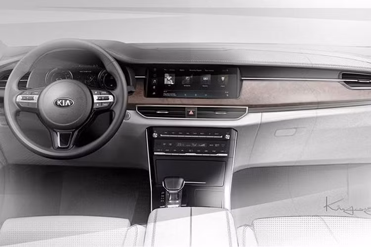 Bên trong nội thất của Kia K7 2020 mới xuất hiện những chi tiết được cải tiến ở mặt táp-lô và cụm điều khiển trung tâm. Trên mặt táp-lô xuất hiện màn hình thông tin giải trí cỡ lớn hơn, bên dưới là cửa gió điều hòa mới.