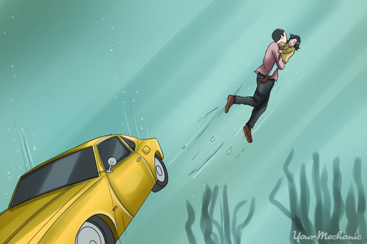 Khi đã đập vỡ kính cửa sổ hoặc mở được cửa chính, việc đầu tiên là phải đưa trẻ em ra ngoài. Bạn nên ra tín hiệu để trẻ nhỏ hít một hơi sâu dưỡng khí trước đó. Nếu trẻ biết bơi thì cố gắng đưa trẻ lên càng cao càng tốt; nếu không, cố gắng cho trẻ bám vào một vật có thể nổi được trước khi ra ngoài. 