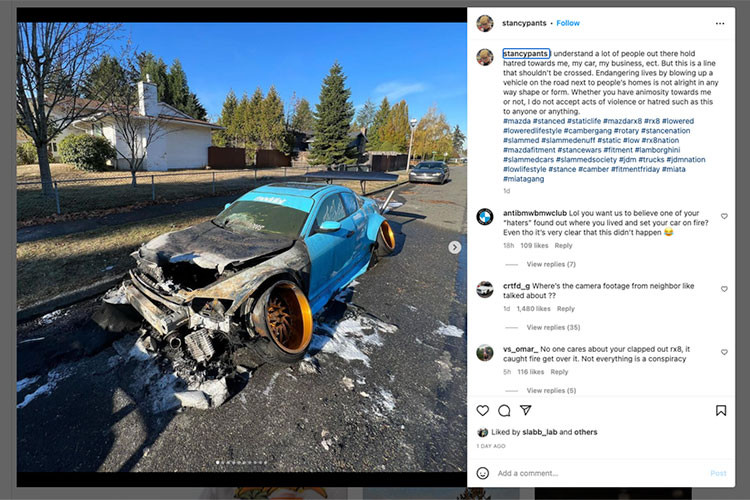 Sở dĩ chiếc Mazda RX-8 bị ghét nhất này không vừa mắt nhiều người vì bị độ lại theo phong cách nghiêng bánh (stance). Bắt nguồn từ Nhật Bản, đây là phong cách độ xe hạ thấp gầm và 4 bánh nghiêng vào bên trong với phần hốc bánh phồng lên. Phong cách độ này khiến xe trông khá lạ mắt và gặp nhiều khó khăn khi di chuyển trên đường, nhất là nếu lên dốc, lên vỉa hè hay gặp gờ giảm tốc. 