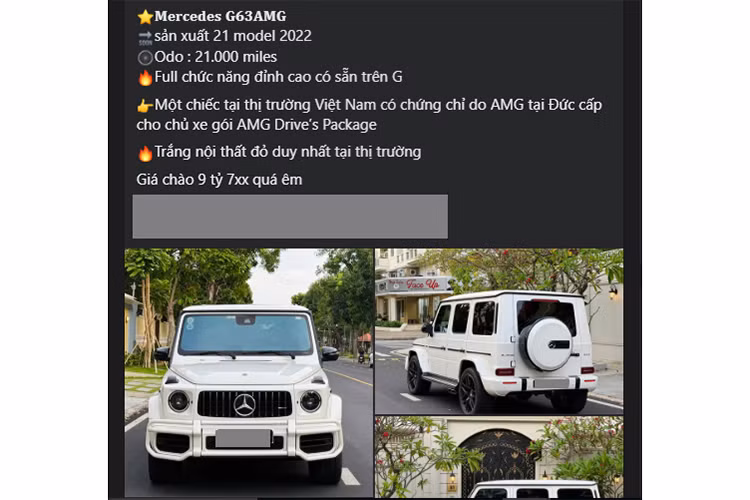 Mới đây, một chiếc Mercedes-AMG G63 đời 2021 đang được rao bán với mức giá 9,7 tỷ đồng. Xe đã lăn bánh hơn 30.000 km. Dựa vào hình ảnh rao bán, có thể nhận thấy đây là chiếc G63 đình đám từng thuộc sở hữu của một dân chơi nổi tiếng trong giới phượt tại Việt Nam, nhờ vào màu sơn đặc trưng và các trang bị ngoại thất.