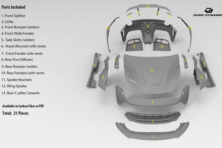 So với siêu xe nguyên bản, hãng độ Duke Dynamics đã thay đổi đến 13 chi tiết trên siêu xe Ferrari F12 Berlinetta tại Vũng Tàu để mang đến ngoại hình khác biệt. Hãng độ này sử dụng vật liệu sợi Carbon hoặc Fibeglass Reinfored Plastic (Nhựa cốt sợi thủy tinh).