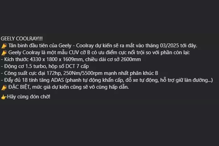 Geely Coolray tại Việt Nam sẽ được nhập khẩu nguyên chiếc từ thị trường này, giữ nguyên thiết kế so với phiên bản đang phân phối tại Malaysia. Trong khi đó, tại Philippines, Geely Coolray đã ra mắt phiên bản nâng cấp vào tháng 9/2024 với diện mạo hiện đại hơn. Tuy nhiên, chưa rõ phiên bản nào sẽ được phân phối tại Việt Nam. 